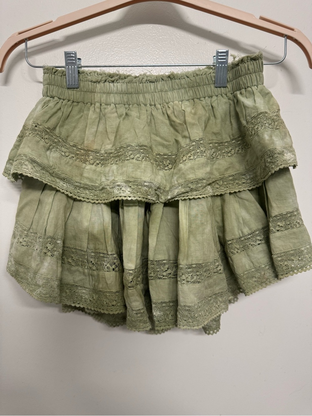 LoveShackFancy Olive Green Tiered Lace Mini Skirt